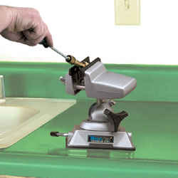 The PanaVise 380 Vacuum Base with attached vise head used on a countertop