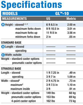 Genie GL-10 Material Lift with Aluminum Straddle Base Specifications