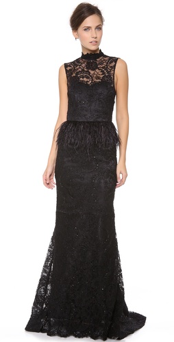 alice + olivia Jessica Feather Peplum Gown
