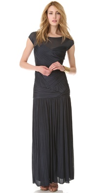 Halston Heritage Sheer Shoulder Pleat Gown