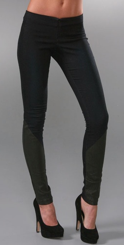 Alice + Olivia Front Zip Denim Leggings with Leather Panels