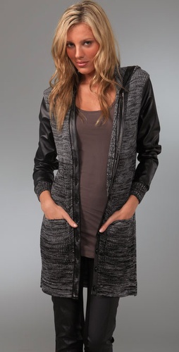Factory Hooded Cardigan Sweater with Faux Leather