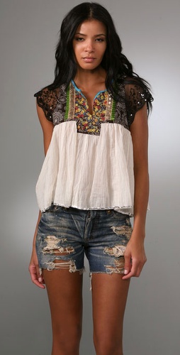 Free People Mini Kurta Top : patchwork floral split neck ruching banding