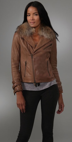 Haute Hippie Washed Leather Jacket with Raccoon Fur Collar