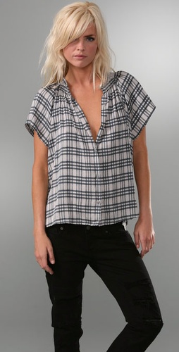 Tucker 3 Stripe Plaid Shirred Collar Blouse