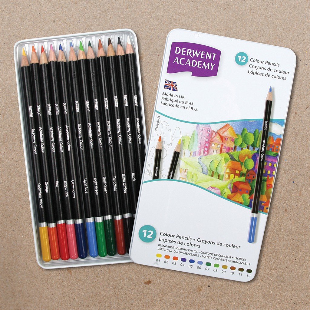 Derwent Academy Colored Pencils, 2.9mm Core, Metal Tin, 12