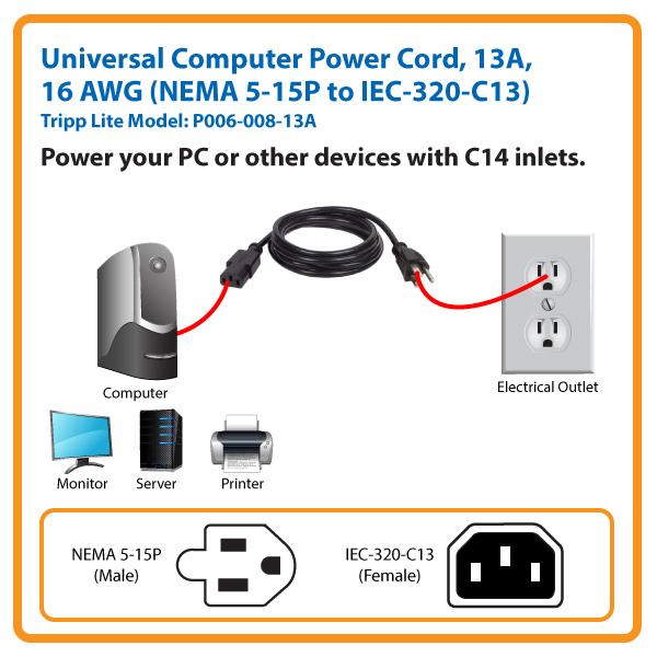 Tripp Lite Computer Power Cord, 13A, 16AWG (NEMA 515P to