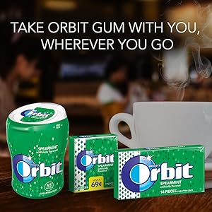 Orbit chewing gum in pack and large gum bottle containers in bulk.