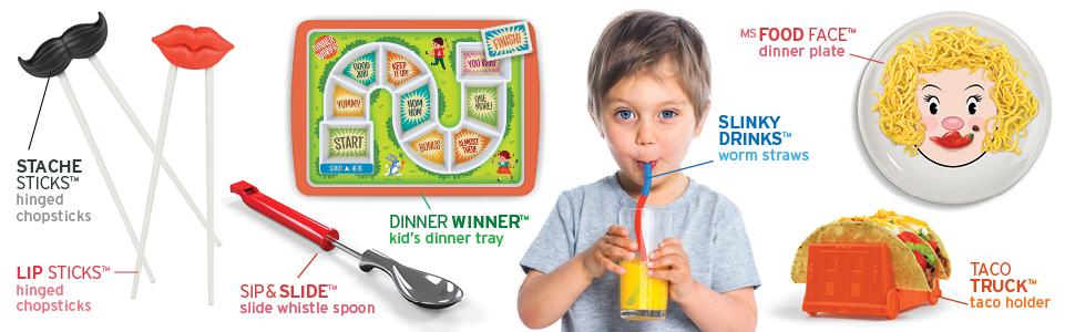 fred and friends, kids plates, kids utensils, kids plates, dinner plates, forks, spoons, straws, bib