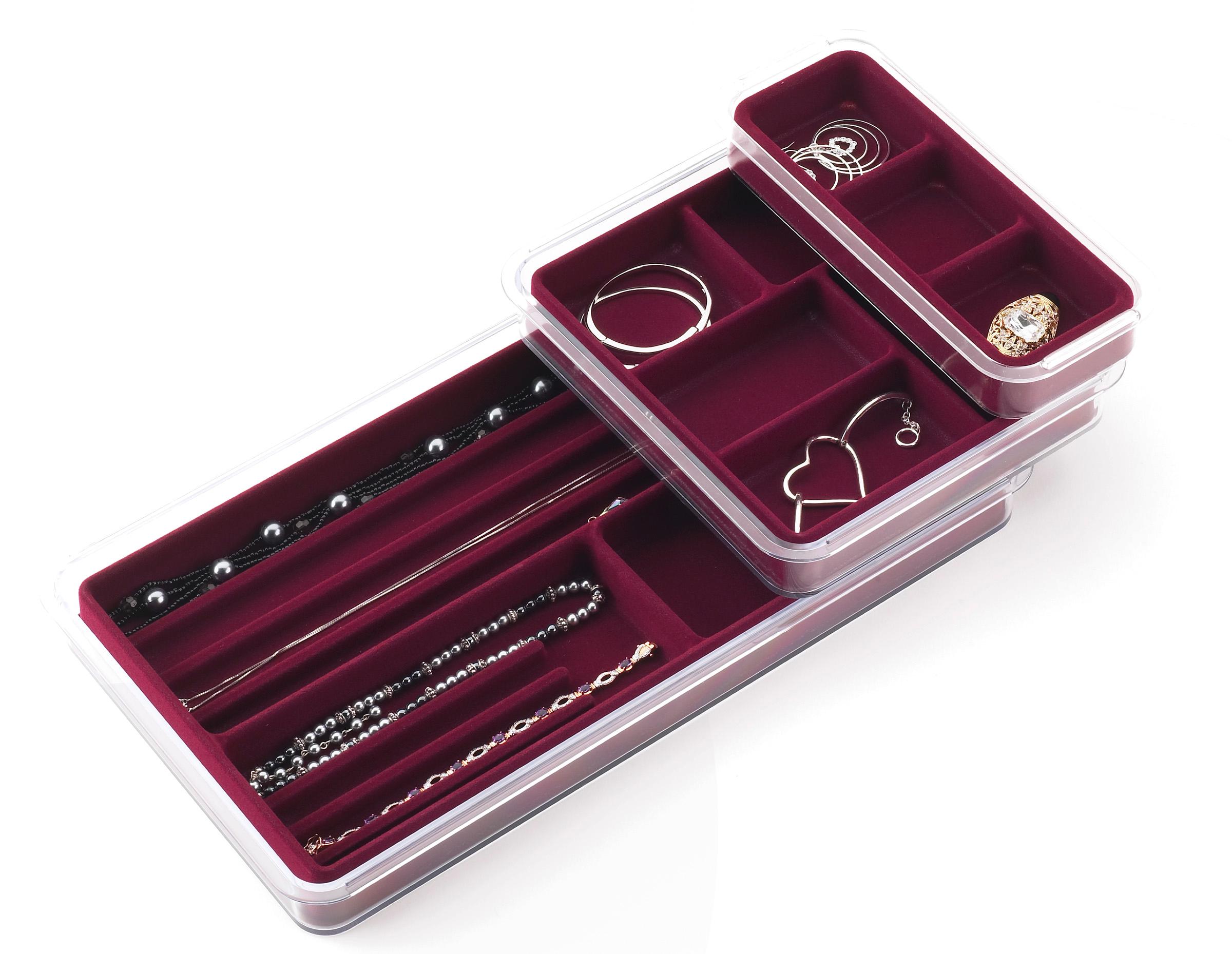Neatnix Jewelry Stax 6 Compartment Organizer Tray, Burgundy Red Velvet Jewelry Tray
