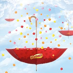 Starburst Minis raining orange, lemon, cherry, and strawberry flavored candies into umbrellas