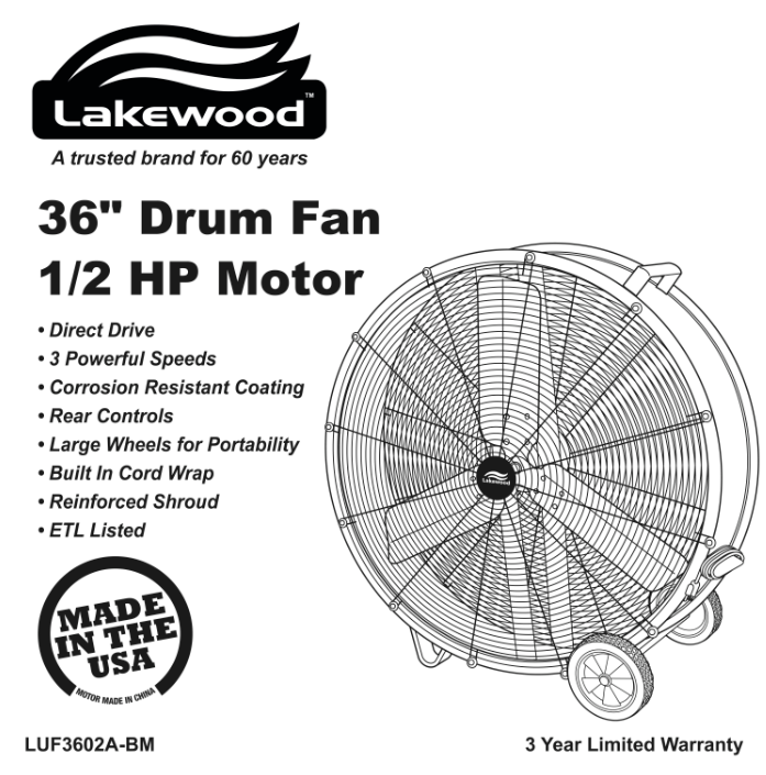 Lakewood 36Inch Industrial Grade Drum Fan