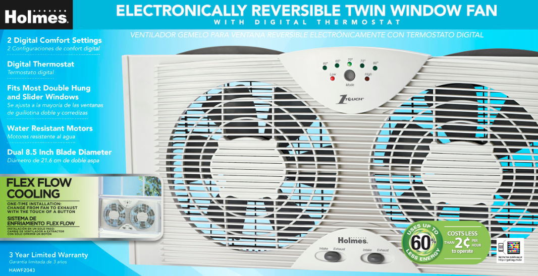 Holmes Dual Blade Twin Window fan with One Touch Thermostat