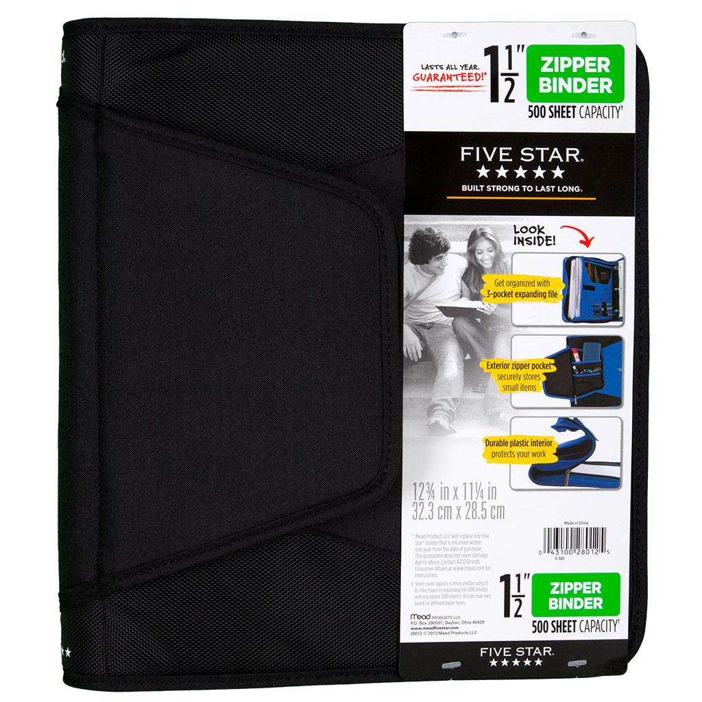 Five Star Zipper Binder, 1.5Inch Capacity, 12.75 x 11.25 x 1 Inches, Black (72204