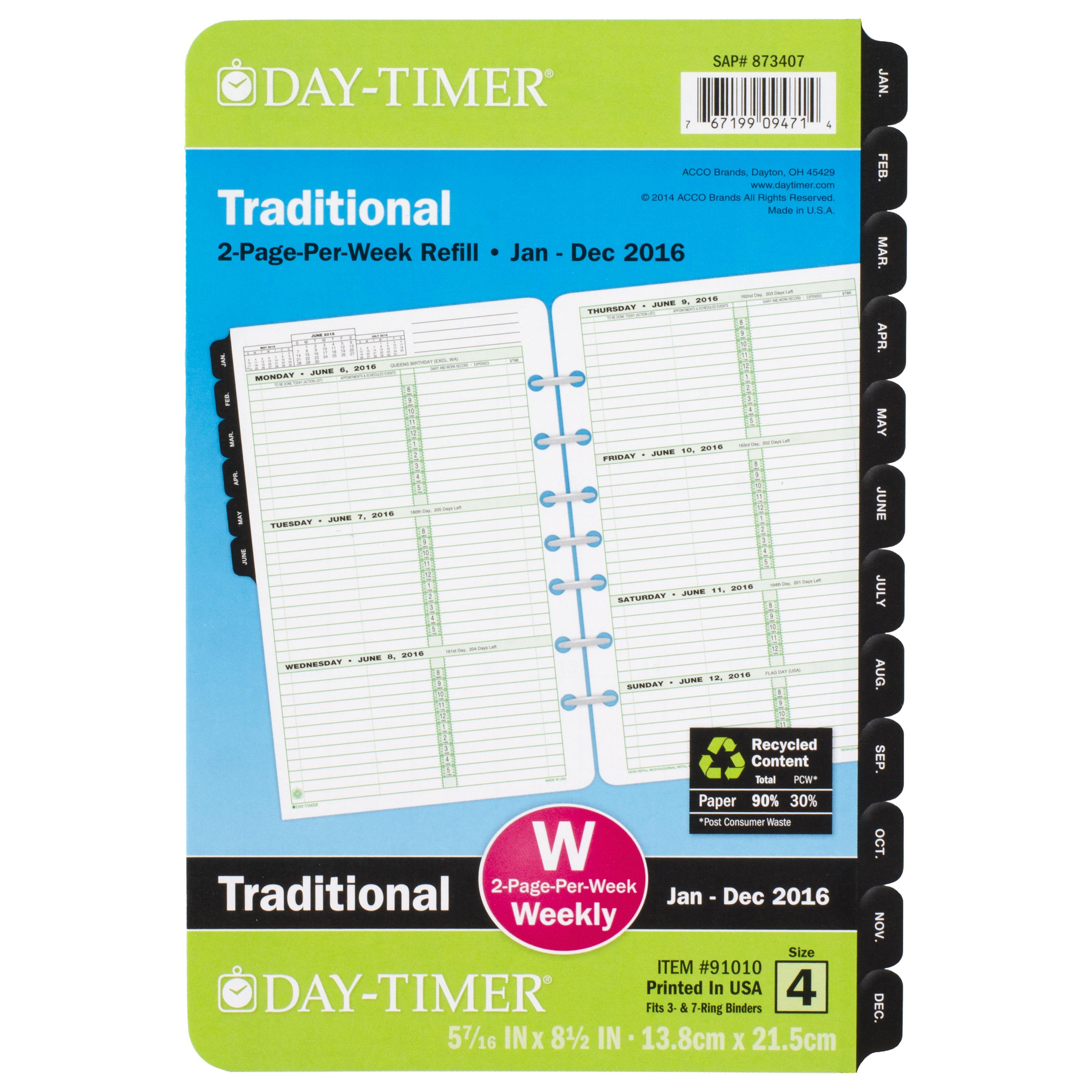 DayTimer Weekly Planner Refill 2016, Two Page Per Week