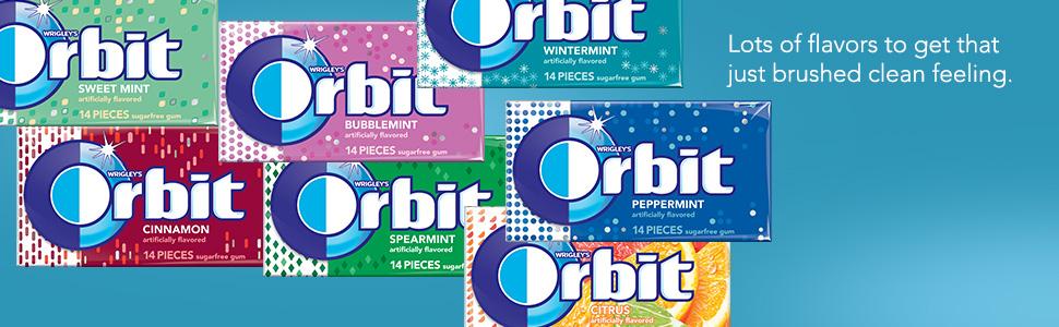 Orbit chewing gum available in delicious mint, fruit and bubble gum flavors for fresh breath