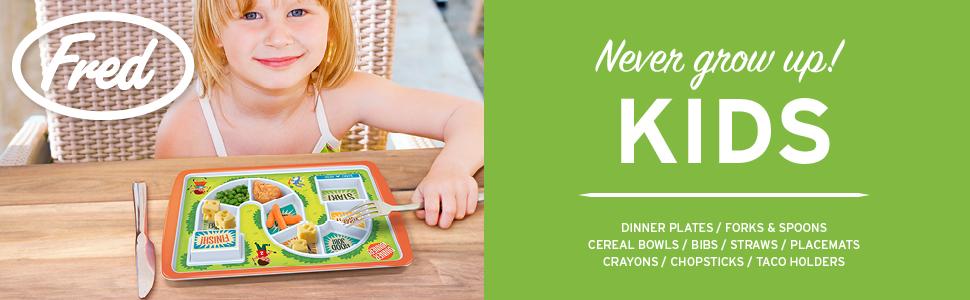 fred and friends, kids plates, kids utensils, kids plates, dinner plates, forks, spoons, straws, bib