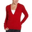 Red Moon Women's 100% Cashmere Cable Long Sleeve V-Neck Hoodie Sweater
