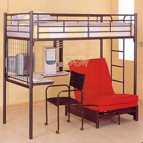 Black Finish Metal Bunk Bed w/Futon Desk Chair CD Rack