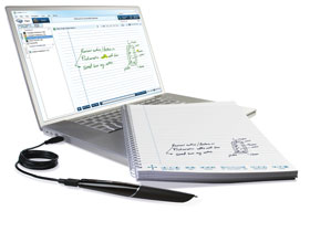 Echo smartpen connected to laptop - displaying the same written notes and diagram on screen as was drawn on the notebook.