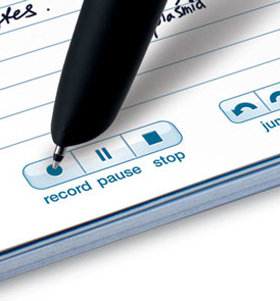 Echo smartpen tapping the Record button to start recording audio