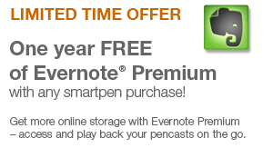 Limited Time Offer: One Year of Evernote Premium. Free with any smartpen purchase. Redemption code delivered upon smartpen registration. Offer valid through 1/31/2012