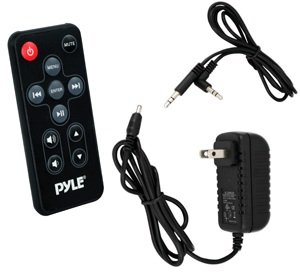 Wireless remote, twin masculine 3.5 in. RCA cable, and energy adapter