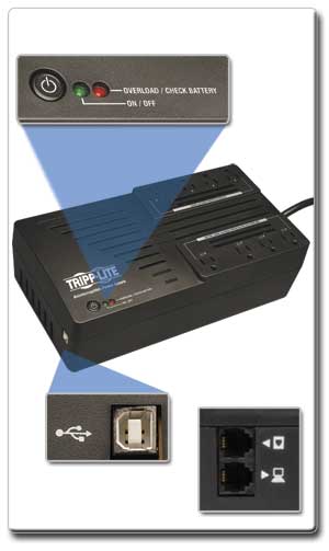 AVR550U USB Port and LEDs; Tel/DSL Surge Protection