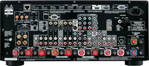 Back view of the Onkyo TX-NR3008 9.2-Channel Network A/V Receiver showing available connections and ports