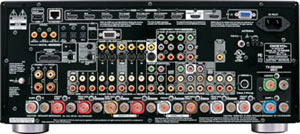 Back view of the Onkyo TX-NR5008 9.2-Channel Network A/V Receiver showing available connections and ports
