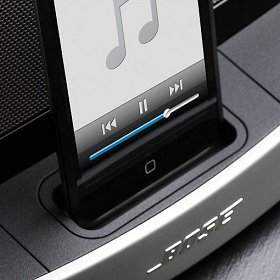 Rotating iPod dock disappears for protection during transit.