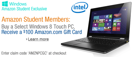 Students: Buy a Select Windows 8 Touch PC, Receive a $100 Amazon.com Gift Card