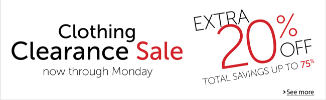 Through Monday, July 26, 2010 11:59 p.m. Pacific, get an extra 20% off clearance for a total savings of up to 75% on select clothing Direct from Amazon.com. Discount applied at checkout.