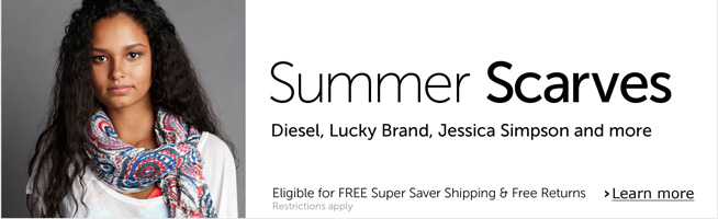 A lightweight scarf wrapped loosely around the neck makes even a  basic white tee look chic. Shop Diesel, Lucky Brand, and Jessica  Simpson. Eligible for FREE Super Saver Shipping and Free Returns*  (Restrictions below).