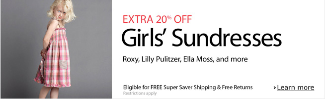 You'll love our selection of sweet sundresses for girls. Shop  sizes 2-16 from brands like Roxy, Lilly Pultizer, Ella Moss, Bonnie  Jean, and more. Eligible for FREE Super Saver Shipping and Free Returns*  (Restrictions below).