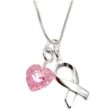 Sterling Silver Breast Cancer Awareness Ribbon + Pink CZ Heart Charm with 18-inch Chain Necklace