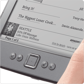 Kindle e-reader showing home screen with Special Offers examples