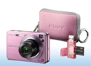 Sony W120 pink digital camera kit with case and Memory Stick Duo media adapter