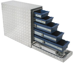 Side, angled view of the UWS DS-18 18-inch Drawer Slide Box with door open and drawers pulled out