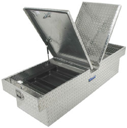 Angled, side view of the UWS TB-69-T100 69-inch Gull Wing Crossover with 5.5-inch Insert and Beveled Insulated Lid with both lids open and trays visible