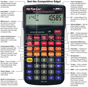 Hot Rod Calc Road and Strip Performance Calculator with features highlighted