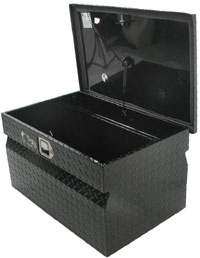 Front angled view of the UWS TBC-30-BLK Black 30-inch Standard Chest with Beveled Insulated Lid with the lid open