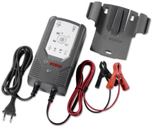 The box contents of the Bosch C7 12V and 24V Fully Automatic 6-Mode Battery Charger and Maintainer
