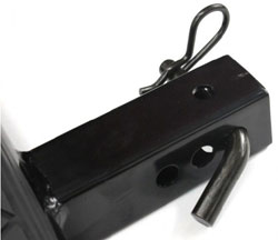 The hitch shaft section of the Go Rhino! 460B black 4-inch oval hitchstep with a pin and clip inserted The hitch shaft section of the Go Rhino! 460B black 4-inch oval hitchstep with a pin and clip inserted