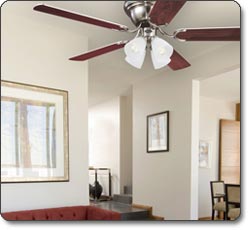 Westinghouse Contempra IV Brushed Nickel Finish, Rosewood/ Bird's Eye Maple Blades, and Frosted Ribbed-Glass Shades