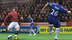 Wayne Rooney taking a shot on goal in 'FIFA Soccer 09' for PS2
