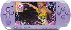The limited edition Lilac PSP-3000 with the PSP exclusive Hannah Montana: Rock Out The Show video game playing on it
