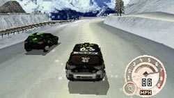 Driving in the snow in 'DiRT 2' for DS