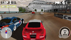 Racing on a city-set course in 'DiRT 2' for PSP