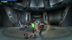 Jedi taking on a squad of droids in close quarters in 'Star Wars The Clone Wars: Republic Heroes'